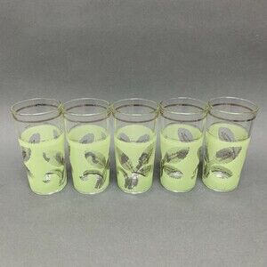 Orange Juice Glass Glasses Vintage Leaves Green Clear 5" High Lot of 5 Italy